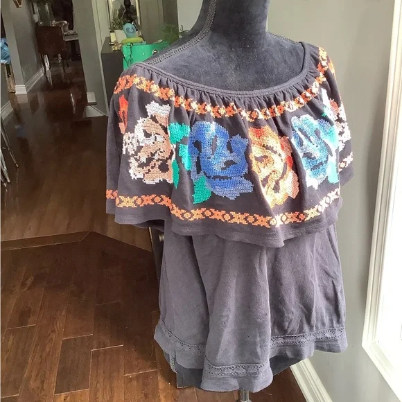 Free People , To The Left Off Shoulder Floral Embroidered Top Black Size M… - Picture 8 of 13